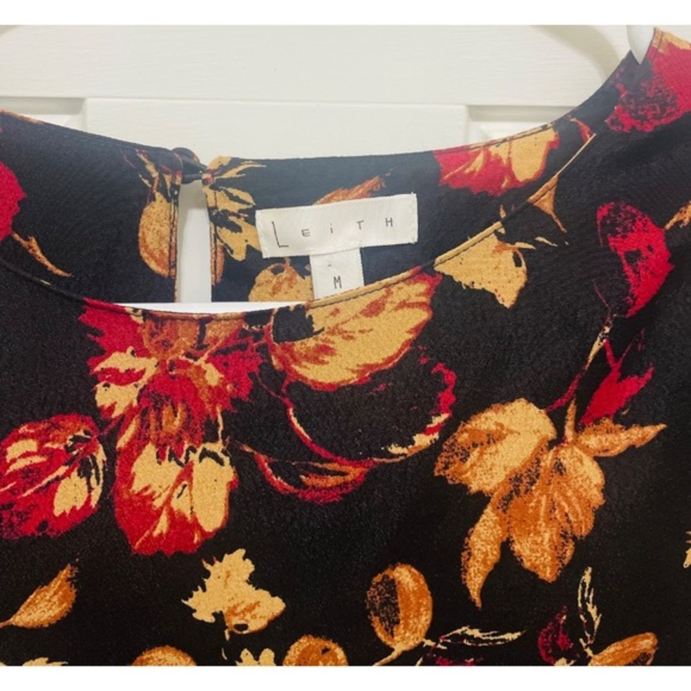 Leith Floral Print Mini Dress Long‎ Sleeve Wrap Black Red Size M - Picture 3 of 5
